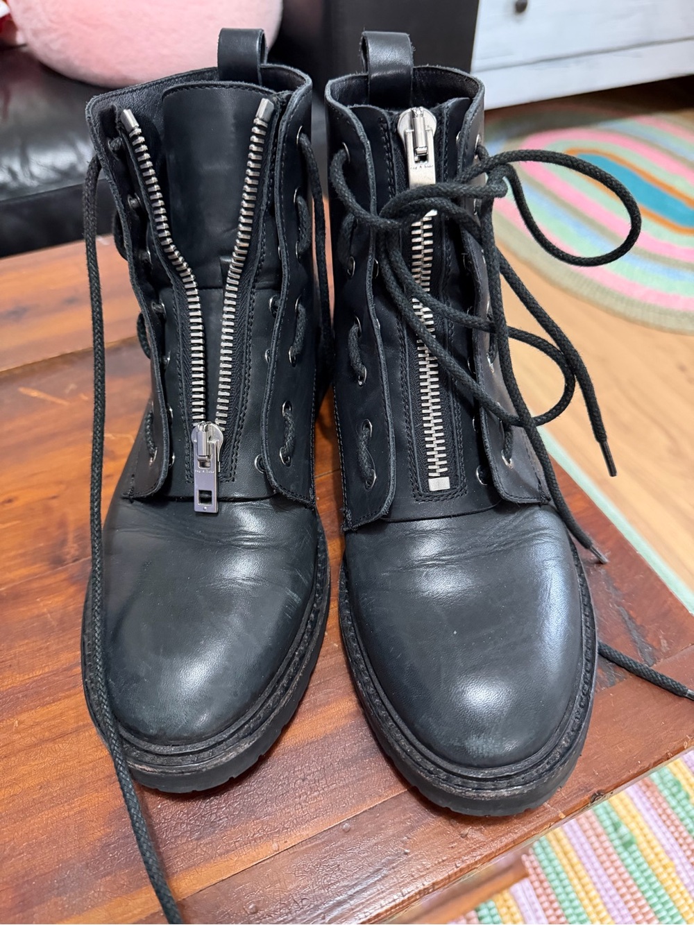 rag & bone Black Lace-Up Leather Combat Boots with Front Zippers